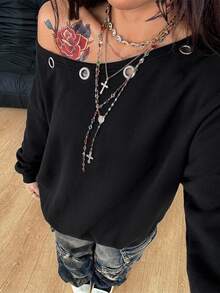 Coolane 女款秋冬休閒萬聖節哥德龐克復古Y2K街頭風黑色大廓型露肩抽繩孔眼衛衣上衣秋季穿搭 - 黑色 - 查看 2