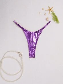 SHEIN Swim Basics 全身印花丁字比基尼泳裤，适合夏季海滩穿着 - 紫色 - 查看 2