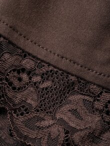 DAZY 女士纯色撞色蕾丝前系带长袖修身时尚T恤 - 咖啡棕 - 查看 7