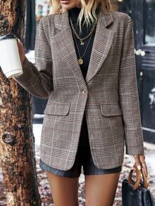 SHEIN Plaid Print Front Button Closure Elegant Long Sleeve Blazer Plaid Blazerblazer Oversize Fall Cloth For Women - Brown - View 6