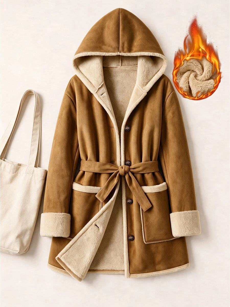 EMERY ROSE Plus Size Women's Colorblock Waist Knot Hooded Faux Fur Jacket Winter - Khaki - View 1