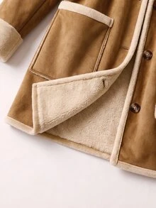 EMERY ROSE Plus Size Women's Colorblock Waist Knot Hooded Faux Fur Jacket Winter - Khaki - View 7