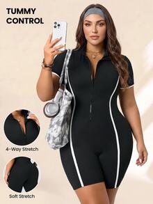 SHEIN Rhythm Era Women's Plus Size Fitted Athletic Romper - Black - View 1