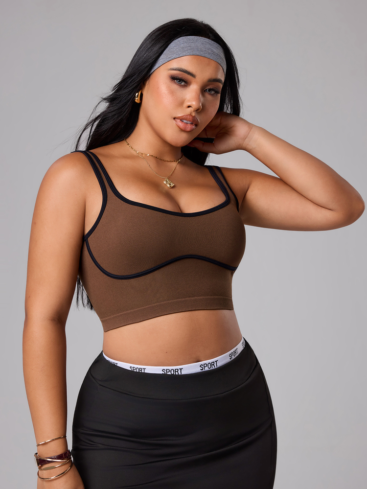 SHEIN Rhythm Era Plus Size Women's Contrast Color Cuffed Off-Shoulder Sports Tank Top, Suitable For Yoga, Cycling, Tennis Gym Sports Chocolate Brown Summer - Cocoa - View 6