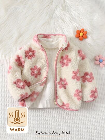 Cozy Pixies Baby Girl Floral Pattern Plush Long Sleeve Jacket, Versatile & Comfortable Autumn Winter Warm Flower Jacket