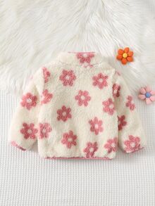 Cozy Pixies Baby Girl Floral Pattern Plush Long Sleeve Jacket, Versatile & Comfortable Autumn Winter Warm Flower Jacket - Pink - View 2