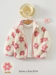 Cozy Pixies Baby Girl Floral Pattern Plush Long Sleeve Jacket, Versatile & Comfortable Autumn Winter Warm Flower Jacket - Pink - View 9