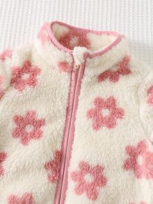 Cozy Pixies Baby Girl Floral Pattern Plush Long Sleeve Jacket, Versatile & Comfortable Autumn Winter Warm Flower Jacket - Pink - View 4