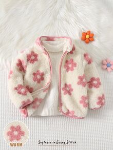Cozy Pixies Baby Girl Floral Pattern Plush Long Sleeve Jacket, Versatile & Comfortable Autumn Winter Warm Flower Jacket - Pink - View 1