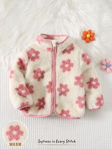 Cozy Pixies Baby Girl Floral Pattern Plush Long Sleeve Jacket, Versatile & Comfortable Autumn Winter Warm Flower Jacket - Pink - View 3