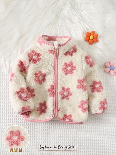 Cozy Pixies Baby Girl Floral Pattern Plush Long Sleeve Jacket, Versatile & Comfortable Autumn Winter Warm Flower Jacket