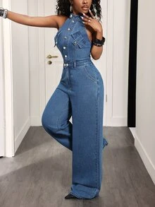 Zolique Women's Outdoor Fashion Street Style Workwear Blue Denim Wide Leg Jumpsuit - Dark Wash - View 4