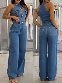 Zolique Women's Outdoor Fashion Street Style Workwear Blue Denim Wide Leg Jumpsuit - Dark Wash - View 2