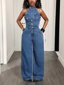Zolique Women's Outdoor Fashion Street Style Workwear Blue Denim Wide Leg Jumpsuit - Dark Wash - View 5