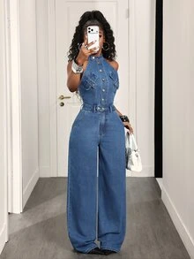 Zolique Women's Outdoor Fashion Street Style Workwear Blue Denim Wide Leg Jumpsuit - Dark Wash - View 1