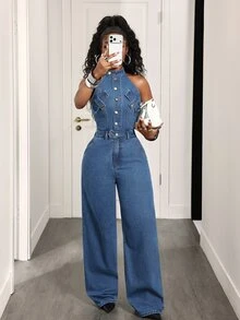 Zolique Women's Outdoor Fashion Street Style Workwear Blue Denim Wide Leg Jumpsuit - Dark Wash - View 6