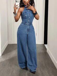 Zolique Women's Outdoor Fashion Street Style Workwear Blue Denim Wide Leg Jumpsuit - Dark Wash - View 8