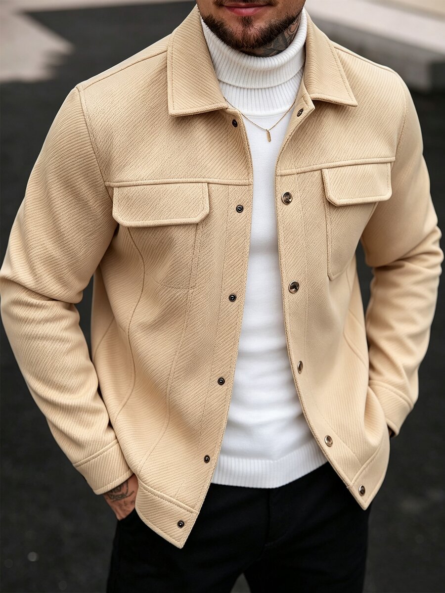 Manfinity Homme Men's Long Sleeve Casual Button-Front Drop Shoulder Overcoat For Autumn - Khaki - View 1