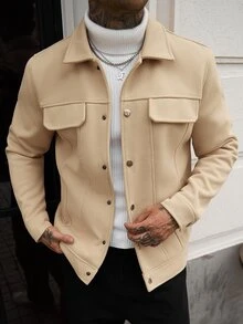 Manfinity Homme Men's Long Sleeve Casual Button-Front Drop Shoulder Overcoat For Autumn - Khaki - View 4
