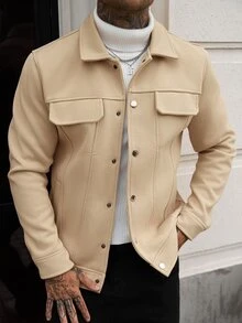 Manfinity Homme Men's Long Sleeve Casual Button-Front Drop Shoulder Overcoat For Autumn - Khaki - View 5