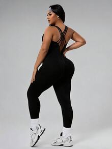 SHEIN Unity 女款大尺碼素色修身運動連身褲 - 黑色 - 查看 2