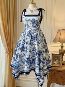 SHEIN LUNE CURVE 大尺碼女款蝴蝶結肩帶收腰花卉動物印花不對稱下擺洋裝，適合派對度假婚禮，全白夏季1920年代復古風 - 藍色 - 查看 9