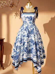 SHEIN LUNE CURVE 大尺碼女款蝴蝶結肩帶收腰花卉動物印花不對稱下擺洋裝，適合派對度假婚禮，全白夏季1920年代復古風 - 藍色 - 查看 6