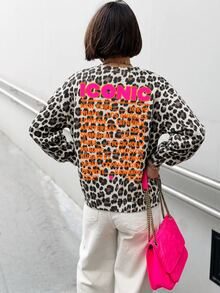 Lalippa 女款度假風街頭風字母毛巾刺繡豹紋長袖運動衫 - 黑色 - 查看 7