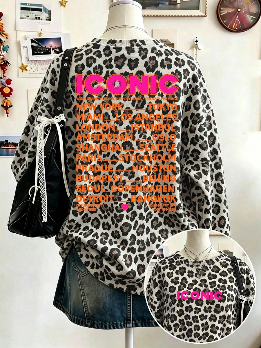 Lalippa 女款度假風街頭風字母毛巾刺繡豹紋長袖運動衫 - 黑色 - 查看 1