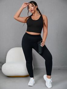 Rhythm Era Plus Solid Crisscross Back Crop Tank Top - Black - View 5