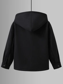 SHEIN 兒童小男孩休閒日常百搭舒適複合抓絨內裡黑色連帽開襟長袖厚實編織秋冬外套 - 黑色 - 查看 2