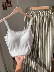 Comfortcana 女款休閒簡約可愛舒適細肩帶上衣長袖兩件套居家服 白色橄欖綠 夏季 - 綠色 - 查看 6