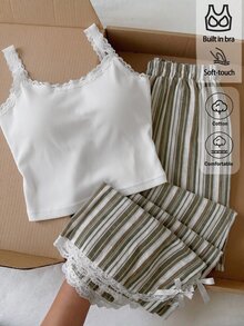 Comfortcana 女款休閒簡約可愛舒適細肩帶上衣長袖兩件套居家服 白色橄欖綠 夏季 - 綠色 - 查看 1