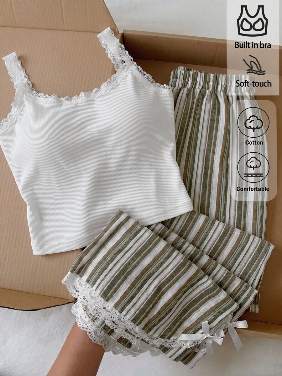 Comfortcana 女款休閒簡約可愛舒適細肩帶上衣長袖兩件套居家服 白色橄欖綠 夏季 - 綠色 - 查看 1