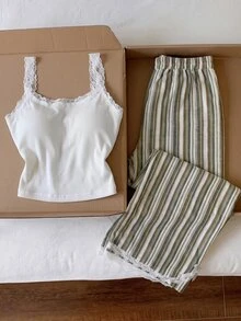 Comfortcana 女款休閒簡約可愛舒適細肩帶上衣長袖兩件套居家服 白色橄欖綠 夏季 - 綠色 - 查看 7