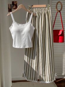 Comfortcana 女款休閒簡約可愛舒適細肩帶上衣長袖兩件套居家服 白色橄欖綠 夏季 - 綠色 - 查看 4