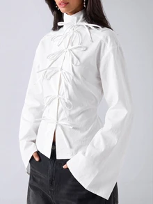 LYSMO Women's Casual French Elegant Comfortable White Stand Collar Long Sleeve Waist Cinched Blouse For Autumn/Winter Clothes For Womenoffice - White - View 5