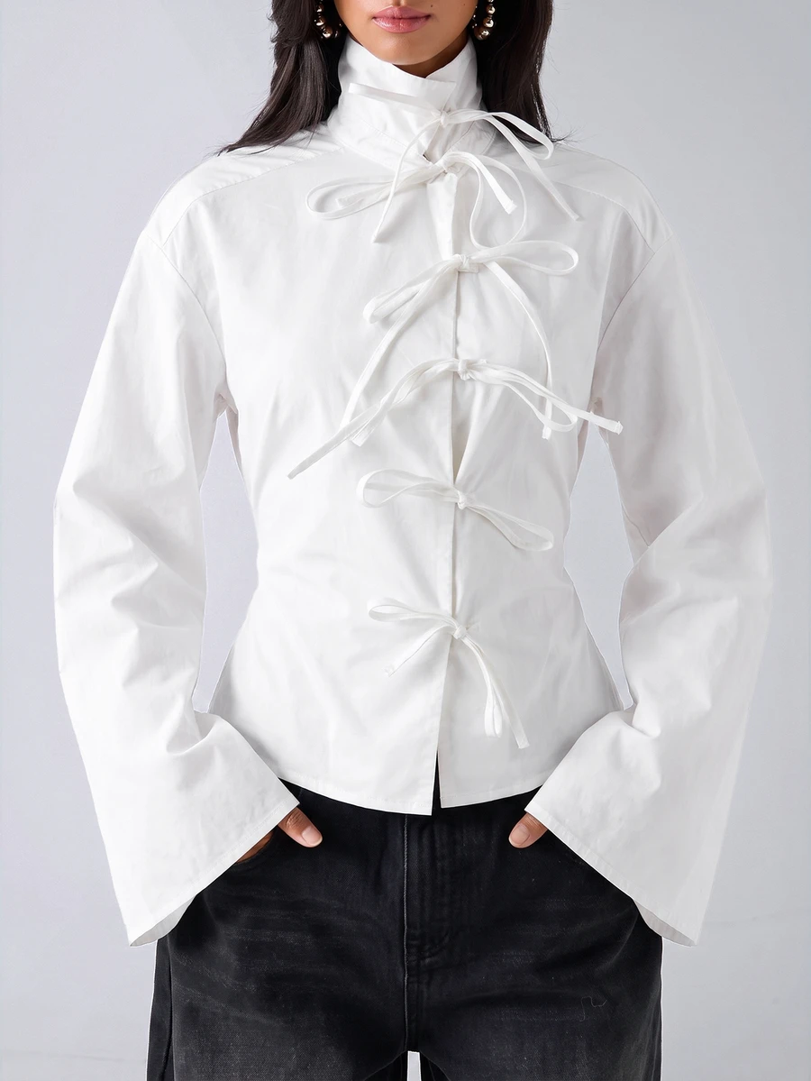 LYSMO Women's Casual French Elegant Comfortable White Stand Collar Long Sleeve Waist Cinched Blouse For Autumn/Winter Clothes For Womenoffice - White - View 1