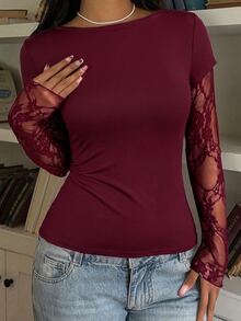 SHEIN EZwear 女款休閒酒紅色針織蕾絲拼接假兩件式長袖秋冬T恤 - 酒紅色 - 查看 6