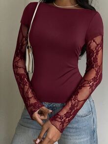 SHEIN EZwear 女款休閒酒紅色針織蕾絲拼接假兩件式長袖秋冬T恤 - 酒紅色 - 查看 1