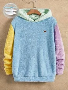 Mainfolk Men's Knitted Casual Fleece Patchwork Pullover Hoodie, Long Sleeve Top, Vintage Y2K Baggy Streetwear, For Vacation, Father's Day Gifts, Football, For Fall Winter, Holiday - Blue - View 6