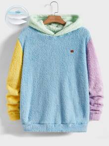 Mainfolk Men's Knitted Casual Fleece Patchwork Pullover Hoodie, Long Sleeve Top, Vintage Y2K Baggy Streetwear, For Vacation, Father's Day Gifts, Football, For Fall Winter, Holiday - Blue - View 7