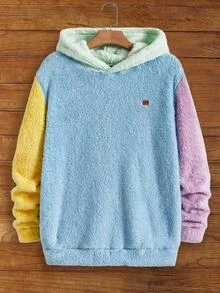 Mainfolk Men's Knitted Casual Fleece Patchwork Pullover Hoodie, Long Sleeve Top, Vintage Y2K Baggy Streetwear, For Vacation, Father's Day Gifts, Football, For Fall Winter, Holiday - Blue - View 1