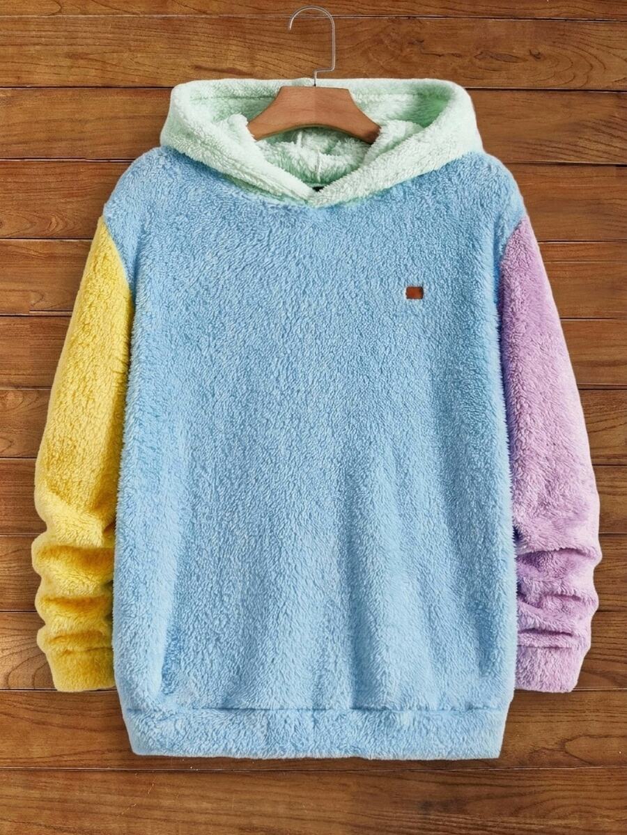 Mainfolk Men's Knitted Casual Fleece Patchwork Pullover Hoodie, Long Sleeve Top, Vintage Y2K Baggy Streetwear, For Vacation, Father's Day Gifts, Football, For Fall Winter, Holiday - Blue - View 1