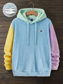 Mainfolk Men's Knitted Casual Fleece Patchwork Pullover Hoodie, Long Sleeve Top, Vintage Y2K Baggy Streetwear, For Vacation, Father's Day Gifts, Football, For Fall Winter, Holiday - Blue - View 5