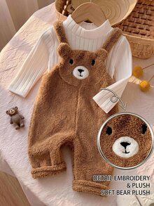 SHEIN Baby Girl Knitted Cute Faux Fur Bear Pattern Romper, Suitable For Autumn/Winter Wear - Brown - View 5