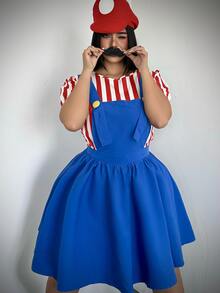 Whyspr Halloween Cosplay Plus Size Halloween Costume Party Cosplay Striped Colorblock Shirt And Button Dress 2 Pieces Set - Blue - View 6