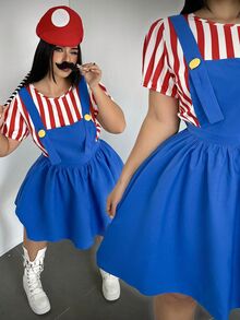 Whyspr Halloween Cosplay Plus Size Halloween Costume Party Cosplay Striped Colorblock Shirt And Button Dress 2 Pieces Set - Blue - View 1