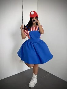 Whyspr Halloween Cosplay Plus Size Halloween Costume Party Cosplay Striped Colorblock Shirt And Button Dress 2 Pieces Set - Blue - View 4