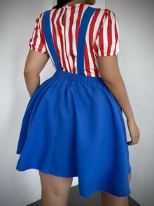 Whyspr Halloween Cosplay Plus Size Halloween Costume Party Cosplay Striped Colorblock Shirt And Button Dress 2 Pieces Set - Blue - View 2